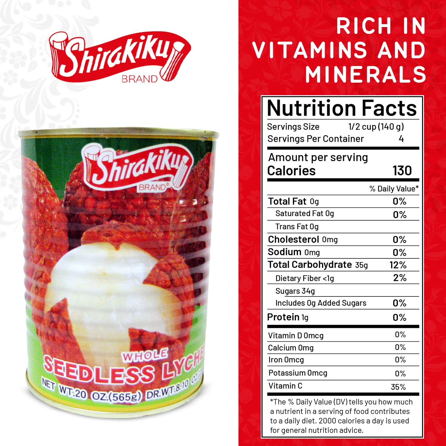 Shirakiku Whole Seedless Lychee - Japanese Fresh Lychee Fruit Canned | Water, Lychee, Sugar, Citric Acid | Perfect For Healthy And Delicious Snacks, 20-Ounce