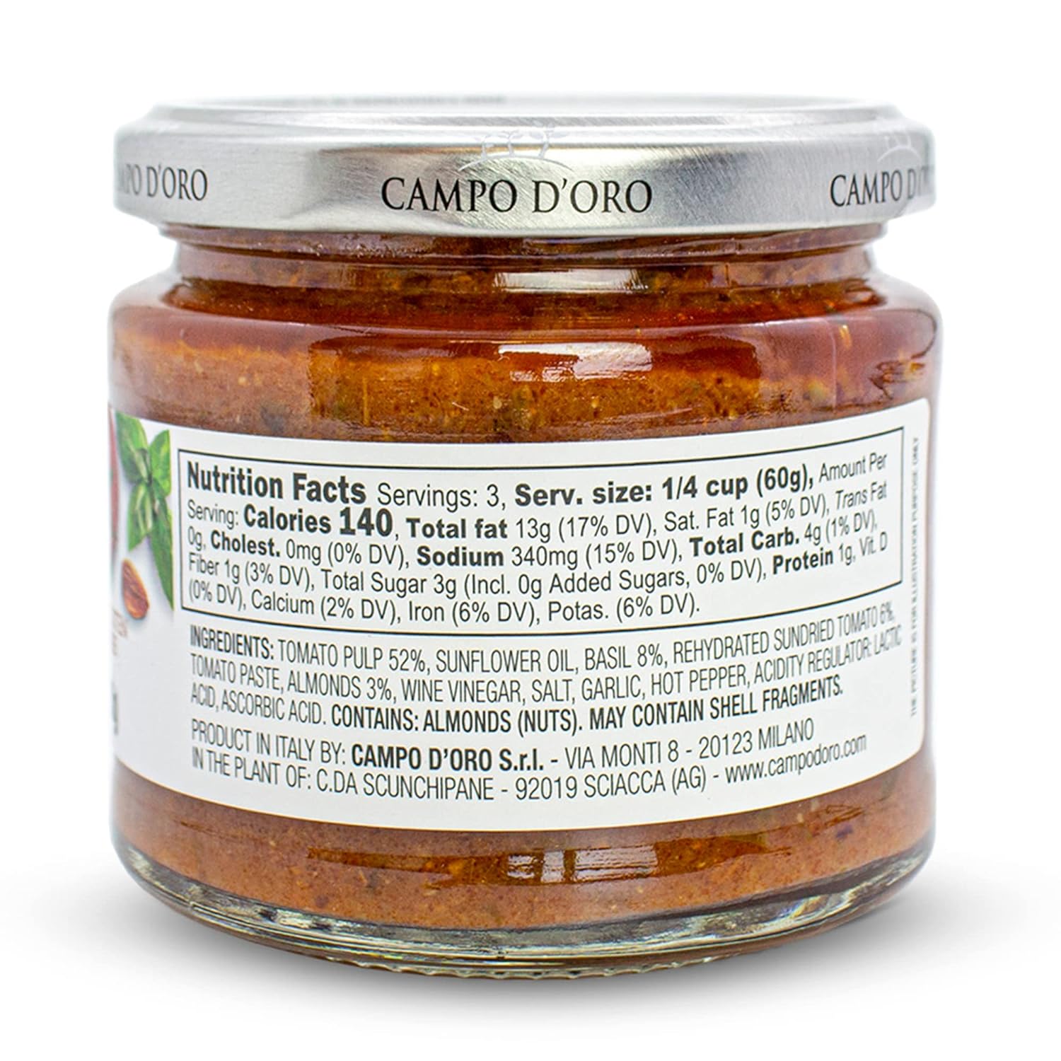 Trapanese Pesto Sauce, made with Tomato Sauce, Basil & Almonds. Italian Specialties. 6.3oz (180g). 100% made in Italy. By Campo D'Oro