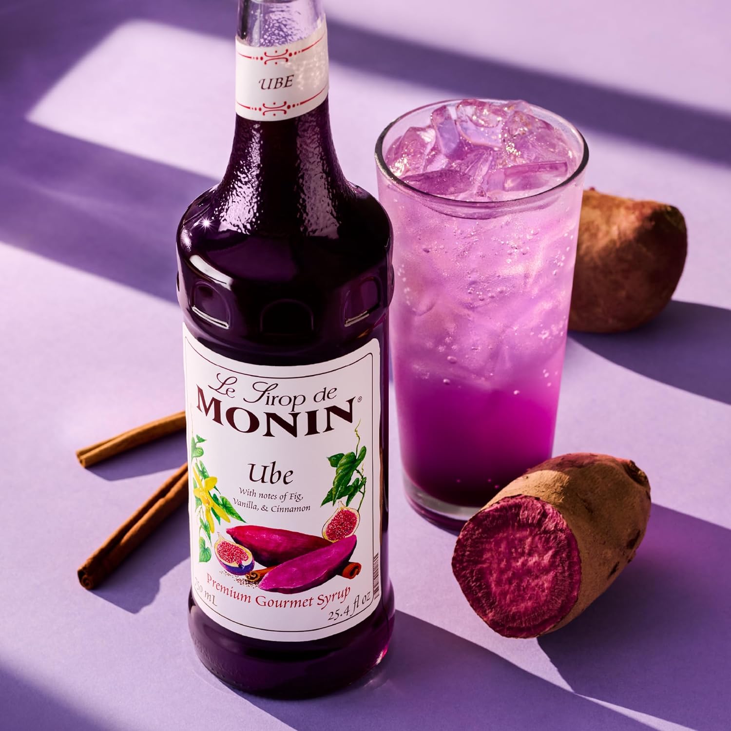 Monin - Ube Blend Syrup, Savory & Sweet, Blended With Notes of Fig, Cinnamon & Vanilla, Great for Lemonades, Boba Tea, & Coffee, Dairy-Free, No Artificial Sweeteners, Gluten-Free (Glass, 750 mL)