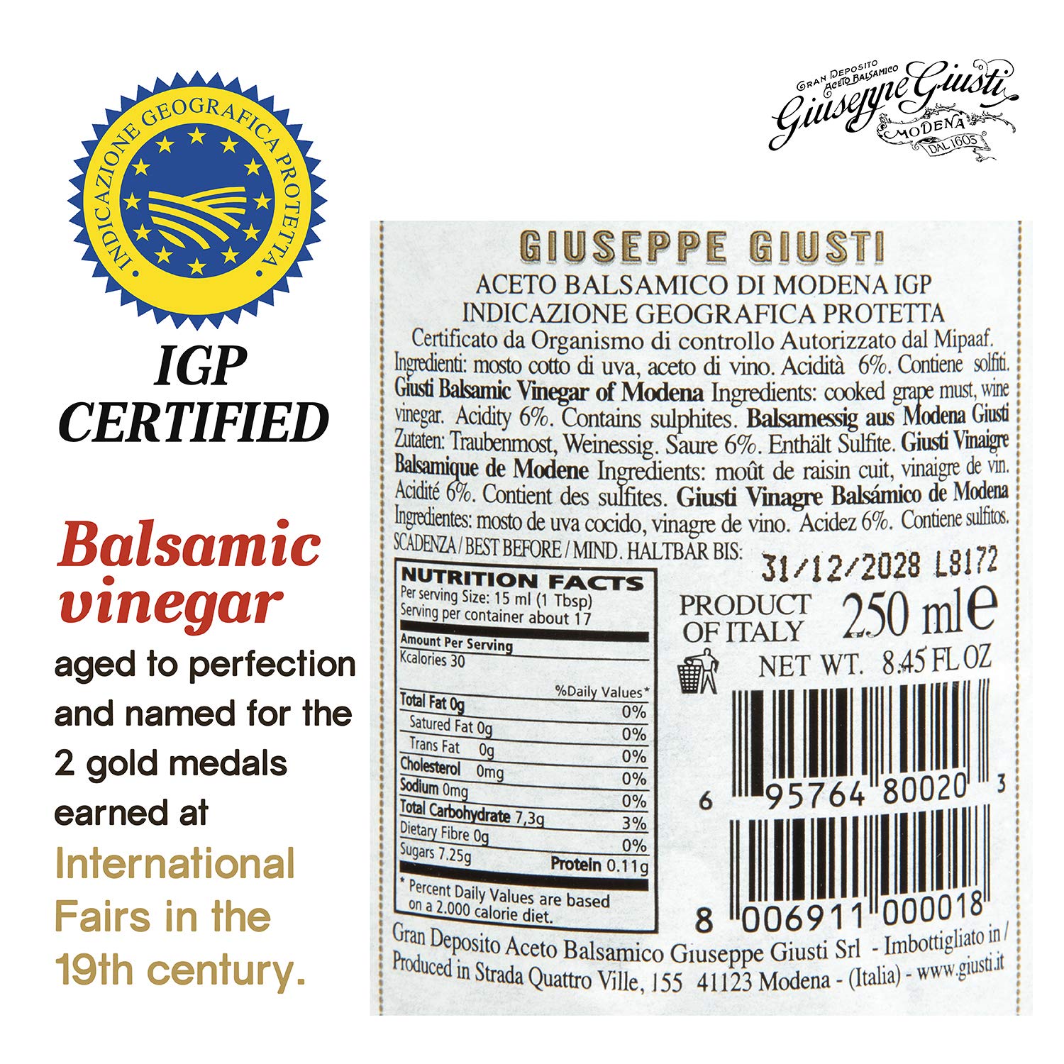 Giuseppe Giusti Aged Balsamic Vinegar of Modena - 2 Gold Medals Aceto Balsamico di Modena - Champagnotta 250ml