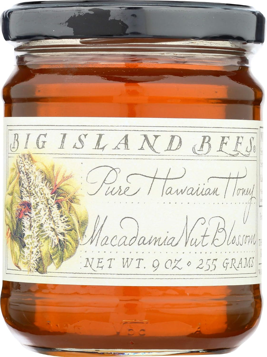 Unheated, Pure, Raw Macadamia Nut Blossom Hawaiian Honey, Single Floral Variety by Big Island Bees (9 oz Glass Jar)
