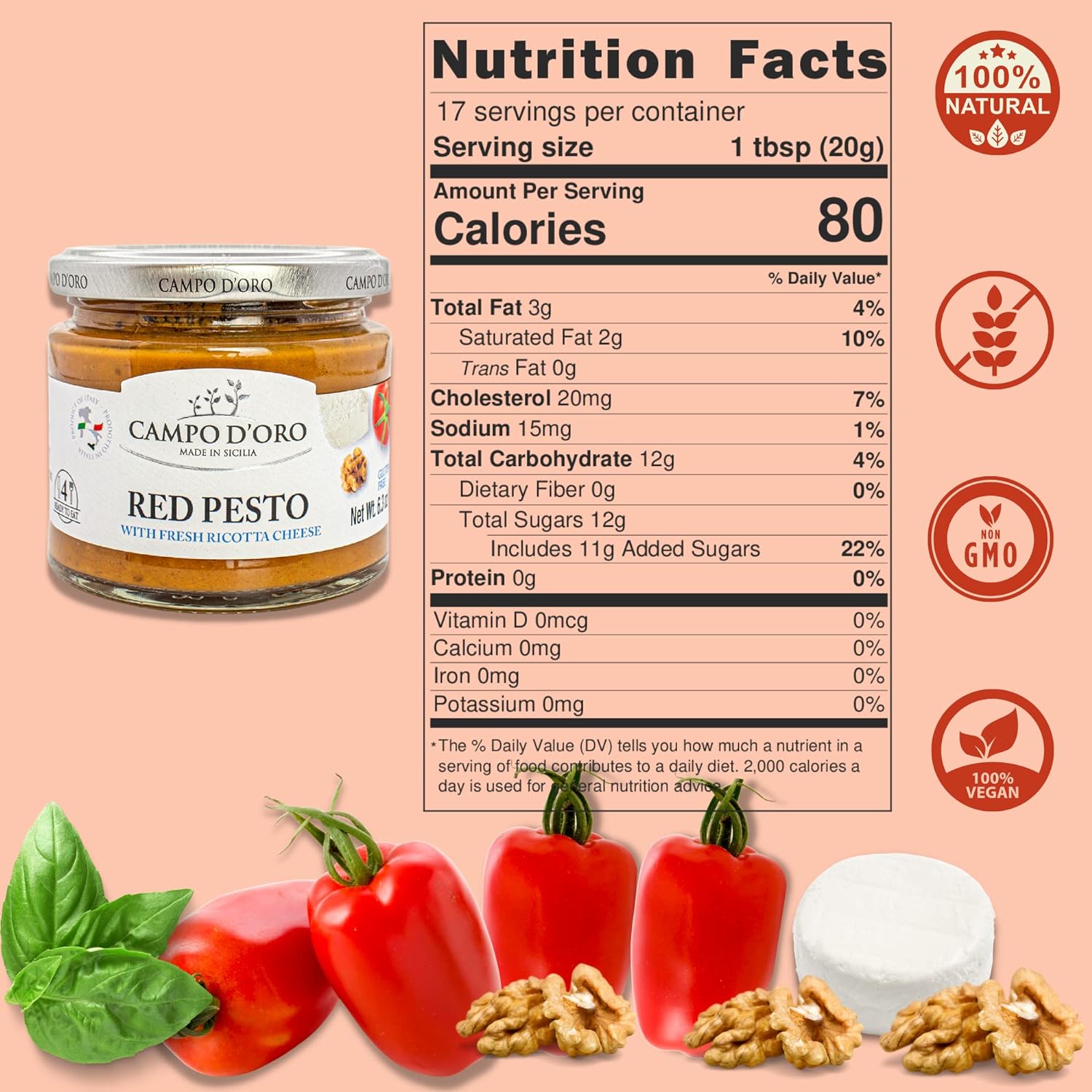 Sicilian Pepper Pesto with Ricotta and Pecorino, Glass Jar 6,3 oz. Campo D'Oro, Italian specialties. Sicilian ready sauce with Sicilian peppers, ricotta and Pecorino. 100% Made in Italy