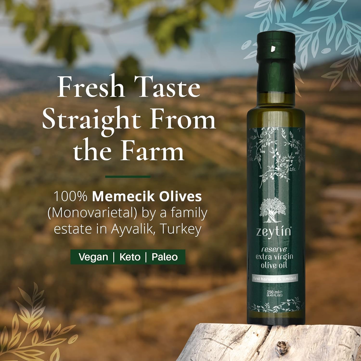 Zeytin - Olive Oil Reserve Extra Virgin - Early & Fresh 2022-2023 Harvest - Awarded Brand - Single Estate, 40x More Polyphenol - Cold Pressed Glass Bottle - Vegan, Keto, Robust & Intense - 8.5fl oz
