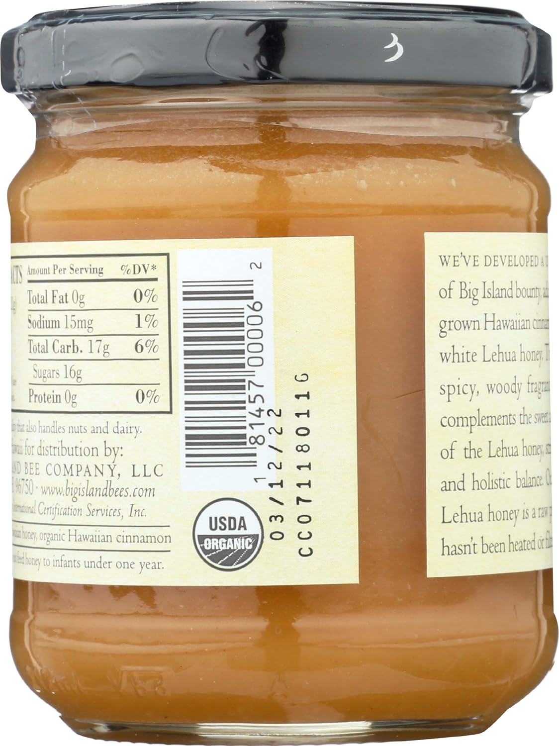 Organic Lehua and Cinnamon Raw Honey by Big Island Bees (9 oz Glass Jar)