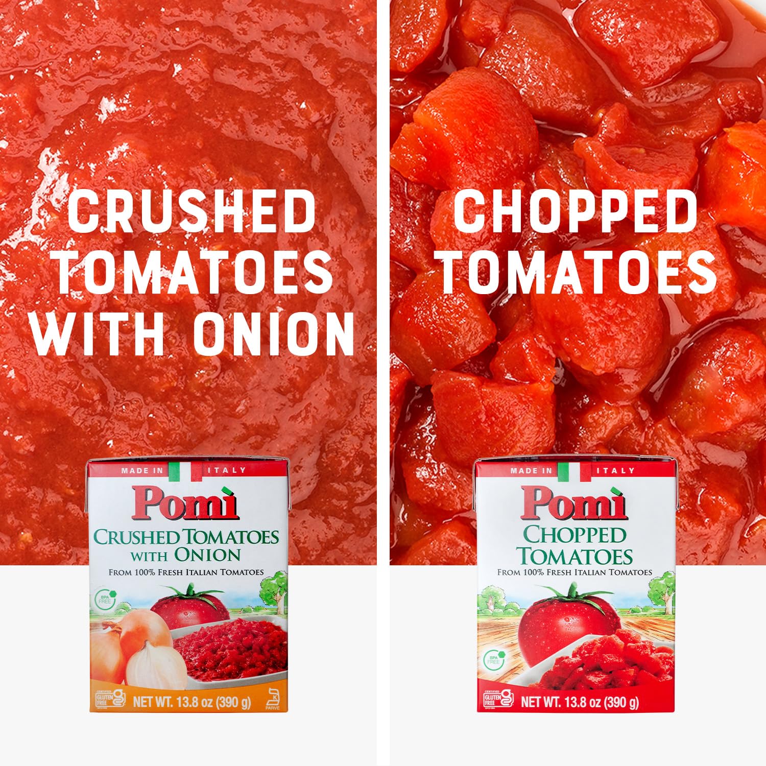 Pomì Crushed Tomatoes with Onion - Creamy, Velvety Italian Tomato Sauce No Salt Added, No Additives or Preservatives Tomato Crushed - Made from 100% Fresh Italian Tomatoes - 13.8oz