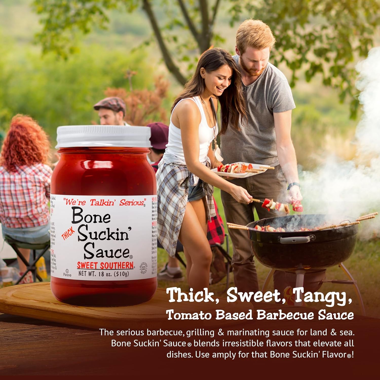 Bone Suckin' Sauce Sweet Southern Thick BBQ Sauce, 18 oz Glass Bottle, For Ribs, Chicken, Pork, Beef - Gluten-Free, Non-GMO, Kosher, Thick Barbecue Sauce Sweetened with Cane Sugar & Molasses - 1 Pc
