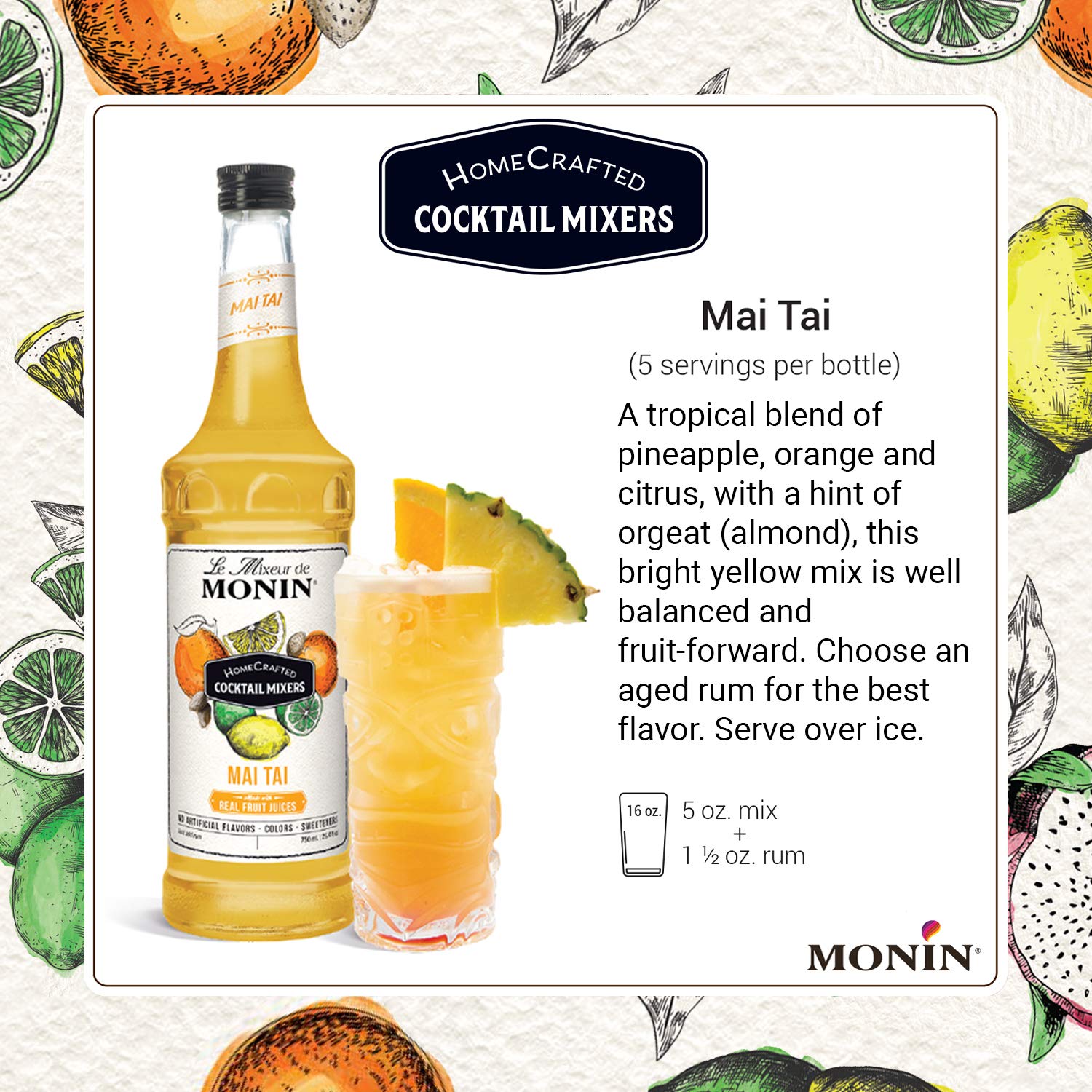 Monin - HomeCrafted Mai Tai Cocktail Mixer, Ready-to-Use Drink Mix, Tropical Blend of Pineapple & Orange, Made with Natural Flavors & Real Fruit Juice, DIY Cocktails, Just Add Rum (750 ml)
