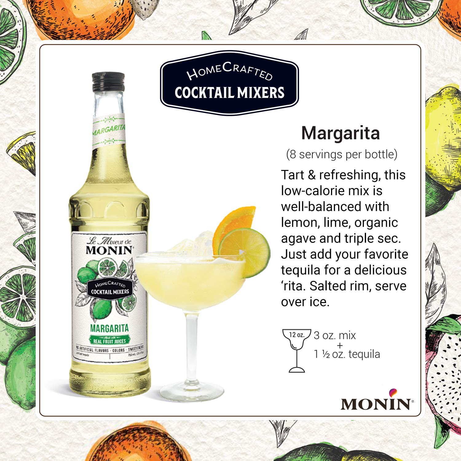 Monin - HomeCrafted Margarita Cocktail Mixer, Ready-to-Use Drink Mix, Well Balanced and Made with Real Citrus Juices, DIY Cocktails, Just Add Tequila, Perfect on the Rocks or Frozen (750 ml)