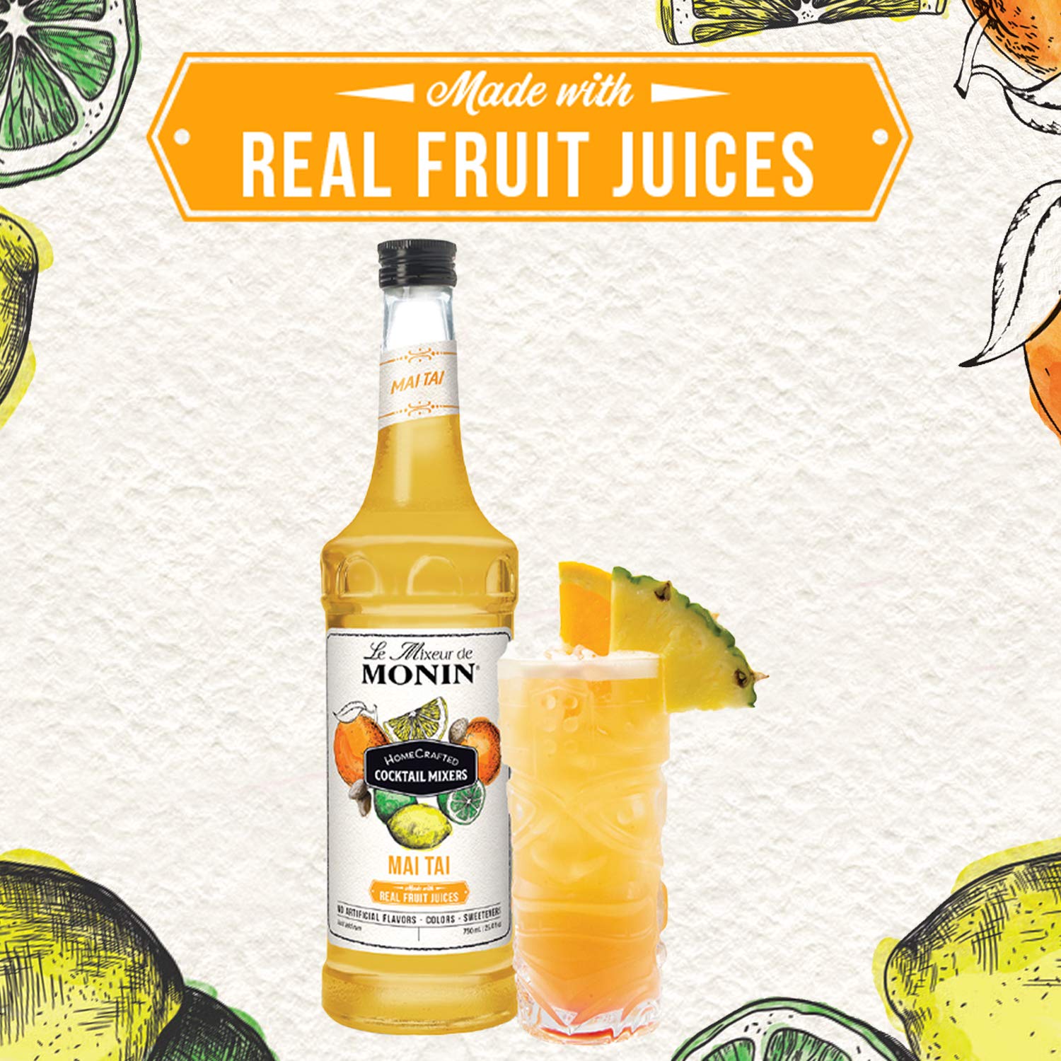 Monin - HomeCrafted Mai Tai Cocktail Mixer, Ready-to-Use Drink Mix, Tropical Blend of Pineapple & Orange, Made with Natural Flavors & Real Fruit Juice, DIY Cocktails, Just Add Rum (750 ml)