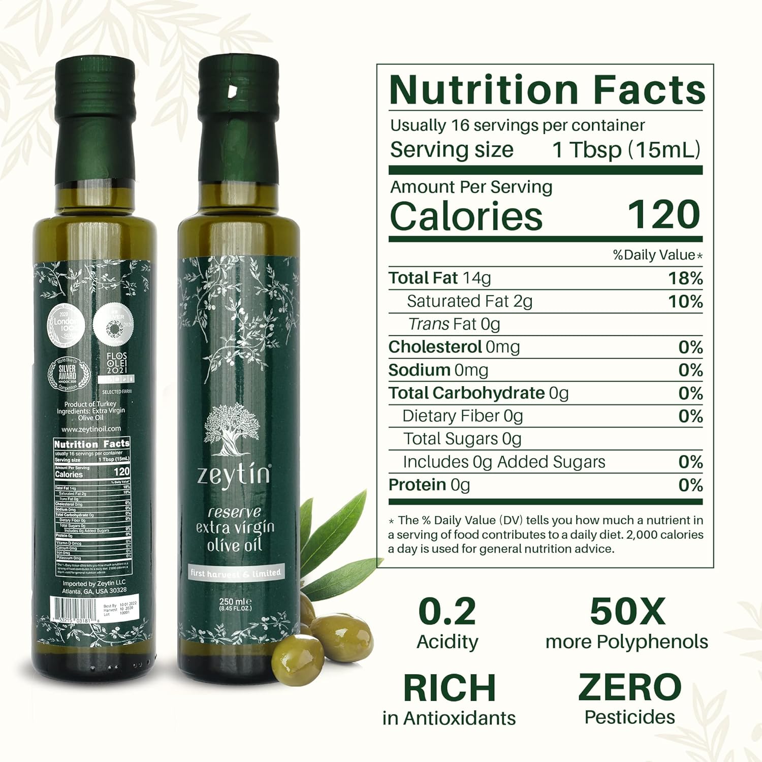Zeytin - Olive Oil Reserve Extra Virgin - Early & Fresh 2022-2023 Harvest - Awarded Brand - Single Estate, 40x More Polyphenol - Cold Pressed Glass Bottle - Vegan, Keto, Robust & Intense - 8.5fl oz