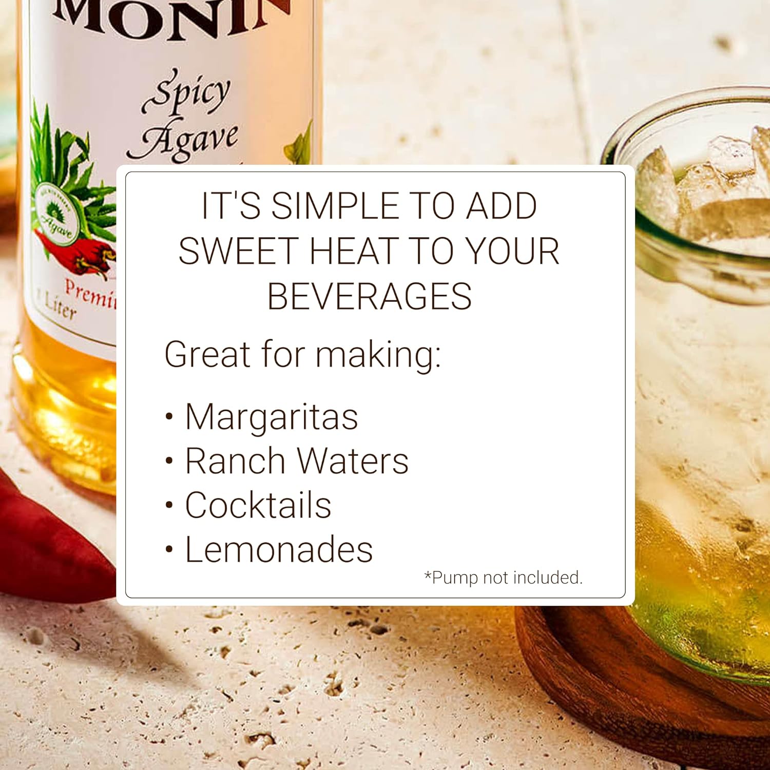 Monin - Spicy Agave Sweetener, Made with Organic Agave Nectar, Great for Margaritas, Ranch Waters, Lemonades, & Specialty Cocktails, No Artificial Ingredients, Gluten-Free, Non-GMO (1 Liter)