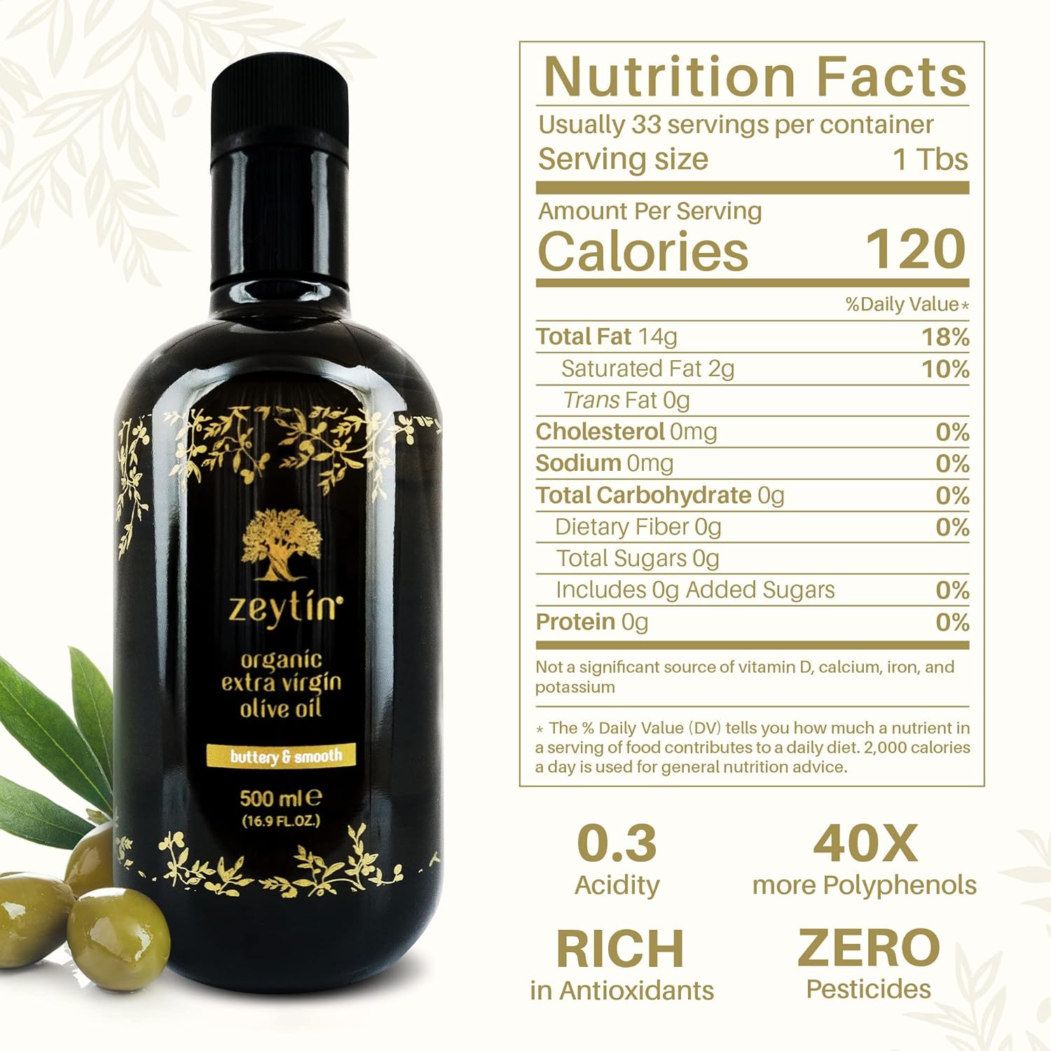 Zeytin Premium Extra Virgin Olive Oil - ORGANIC I Early-Harvest I Healthy & Clean I Cold Pressed I Single-Source I VEGAN I KETO (Buttery & Smooth, 500 ml (16.9 oz)