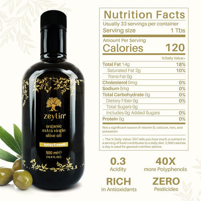 Zeytin Premium Extra Virgin Olive Oil - ORGANIC I Early-Harvest I Healthy & Clean I Cold Pressed I Single-Source I VEGAN I KETO (Buttery & Smooth, 500 ml (16.9 oz)