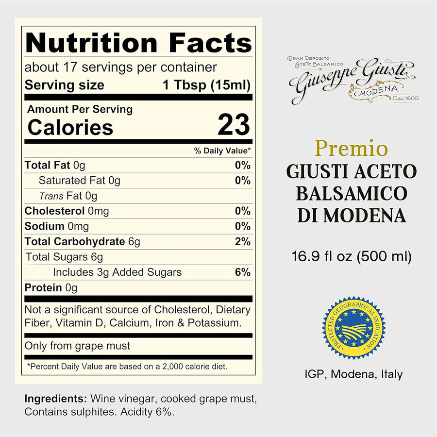 Giusti Premio Aged Balsamic Vinegar of Modena Italy - Italian Aceto Balsamico di Modena IGP Certified for Meats, Vegetables, Bread, and Desserts 16.9 fl oz / 500ml