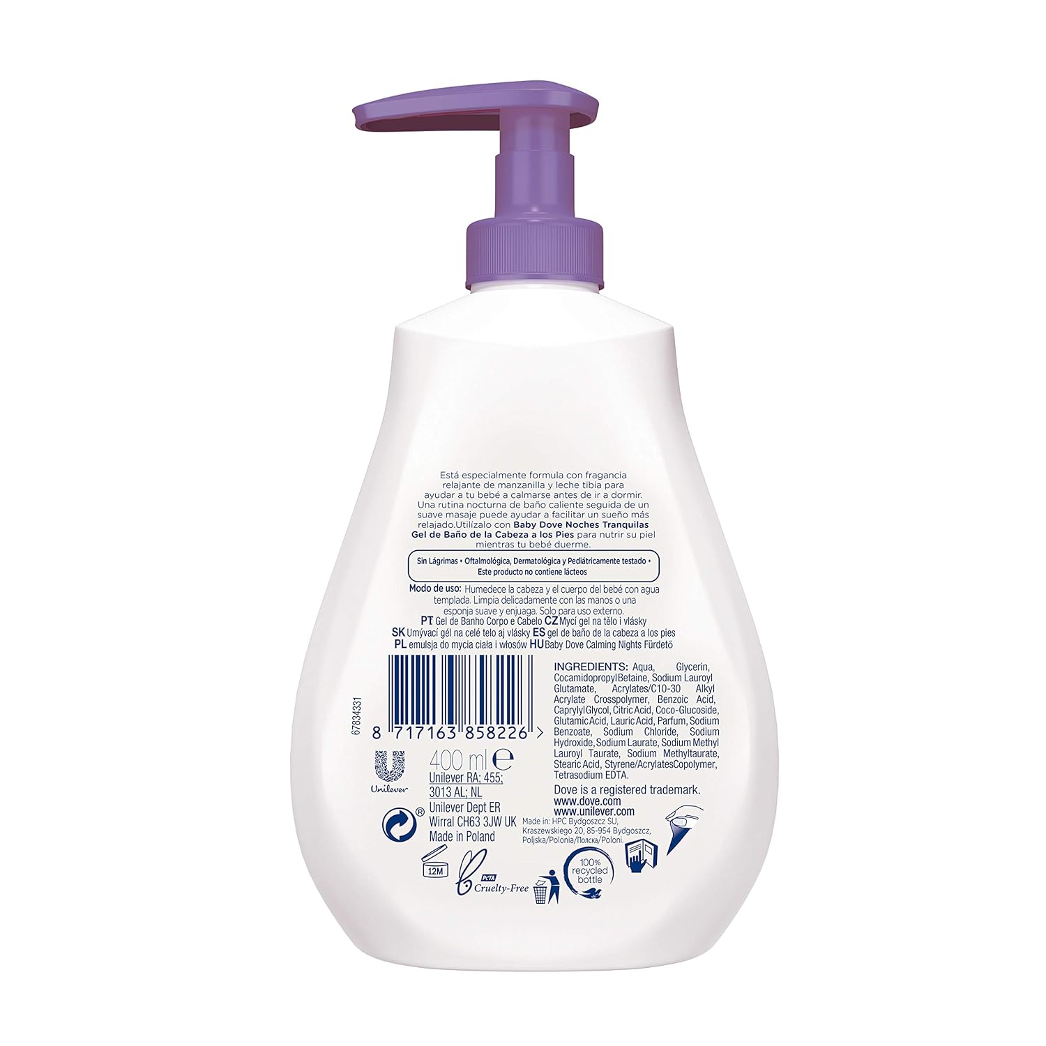 Baby Dove Calming Moisture Sensitive Skin Night Time Wash, 3 Pack Hypoallergenic and Tear-Free Bath Wash, Scented, Suitable for Newborns, 400 ml (3x 13.52 oz)