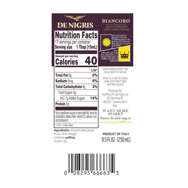 De Nigris Excellence Line - Biancoro Sweet White Wine Vinegar 8,5 Oz (250ml) | with Balsamic Vinegar From Modena Italy, Sweet And Sour Condiment | Aged