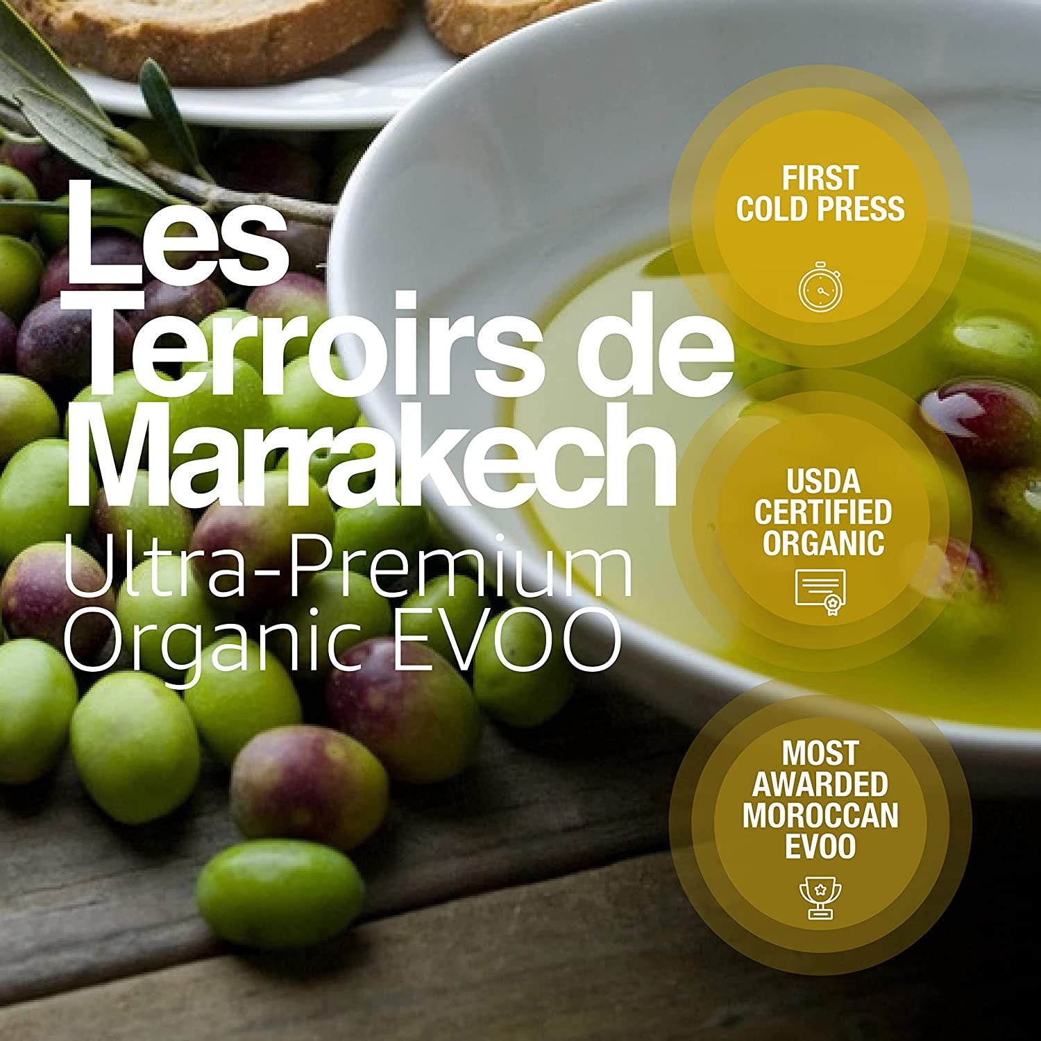 Moroccan Organic Extra Virgin Olive Oil, Polyphenol Rich, Cold Pressed from Bicentenary olive trees, Most Awarded, Trusted by Michelin Star Chefs, LES TERROIRS DE MARRAKECH - 17 Fl Oz Glass Bottle