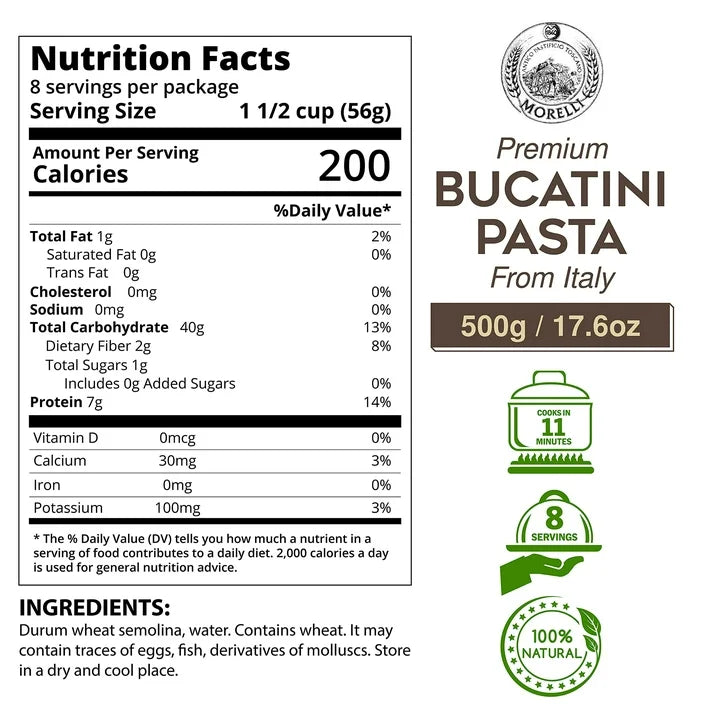 Morelli Bucatini Pasta Noodles - Premium Organic Italian Pasta from Italy - Handcrafted, Family Owned Gourmet Brand - Made With Durum Wheat Semolina 17.6 oz (500 g) - Pack of 1