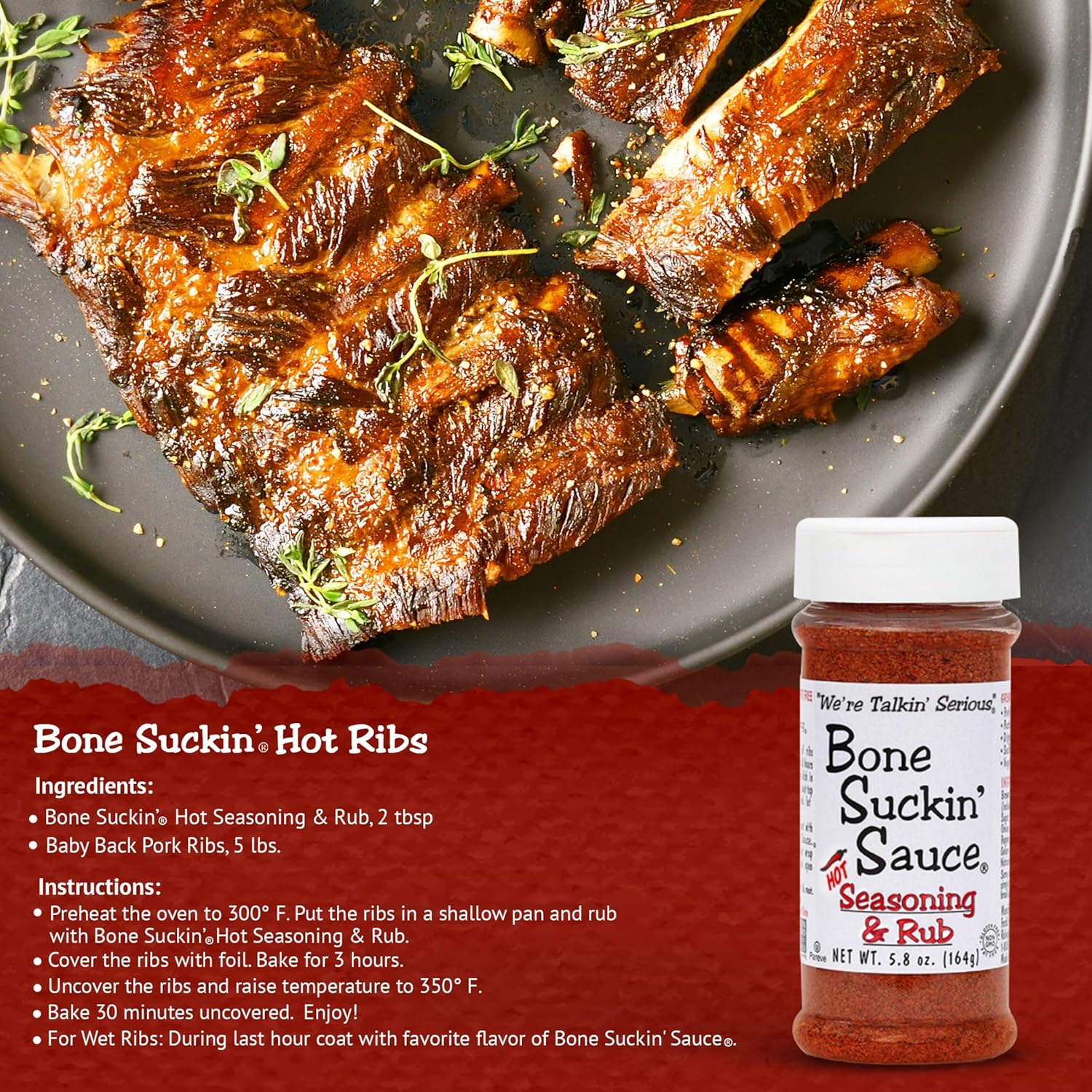 Bone Suckin' Hot Seasoning & Rub, 5.8 Oz - Grilling Rubs, Dry Pork Rub, Gluten-Free, Non-GMO, Kosher, Great on Ribs, Pork, Beef, Chicken, Seafood, Pasta, Vegetables & Even Popcorn! No Msg