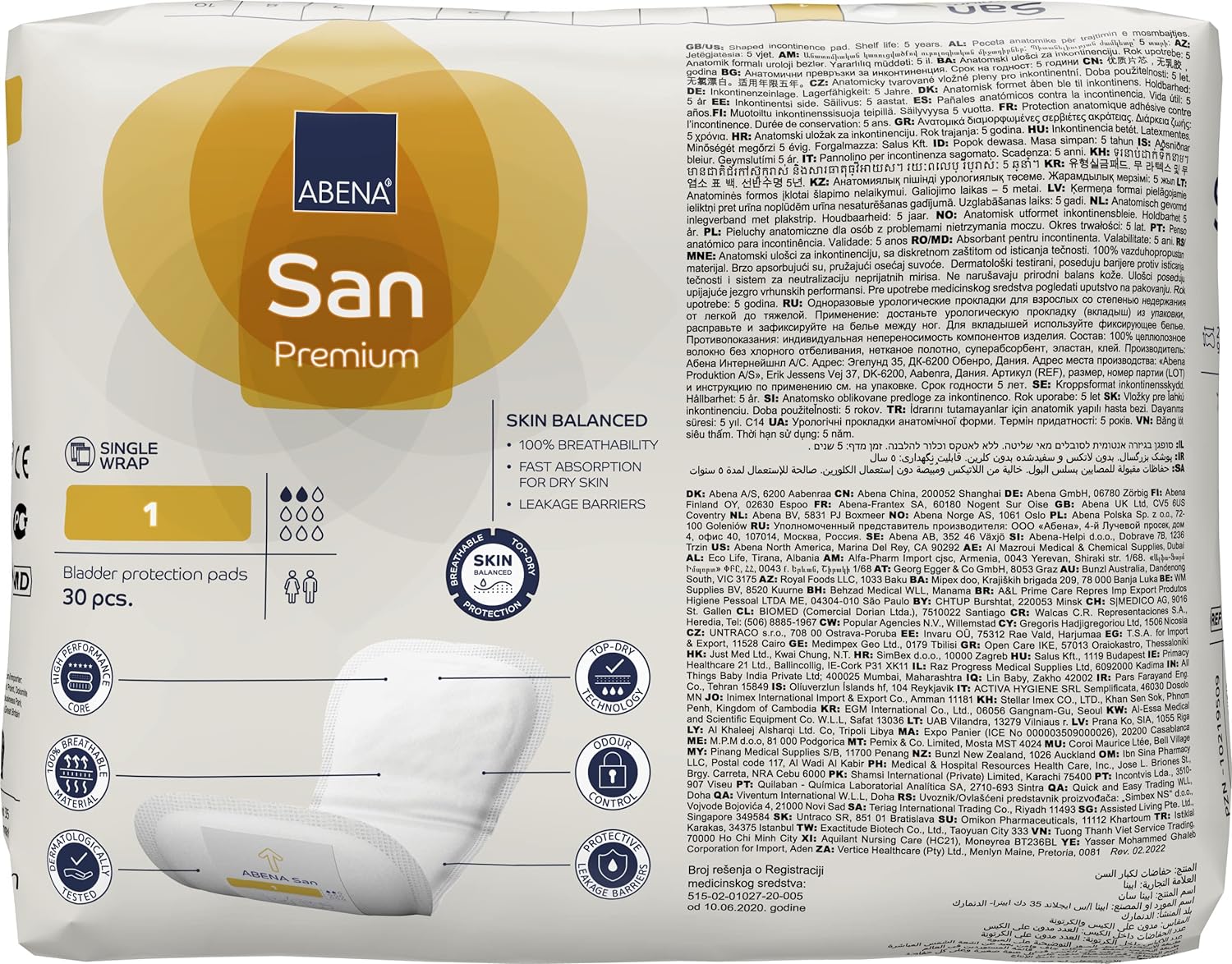 Abena San Premium Incontinence Pads, Light Absorbency, (Sizes 1 to 3A), Size 1, 30 Count