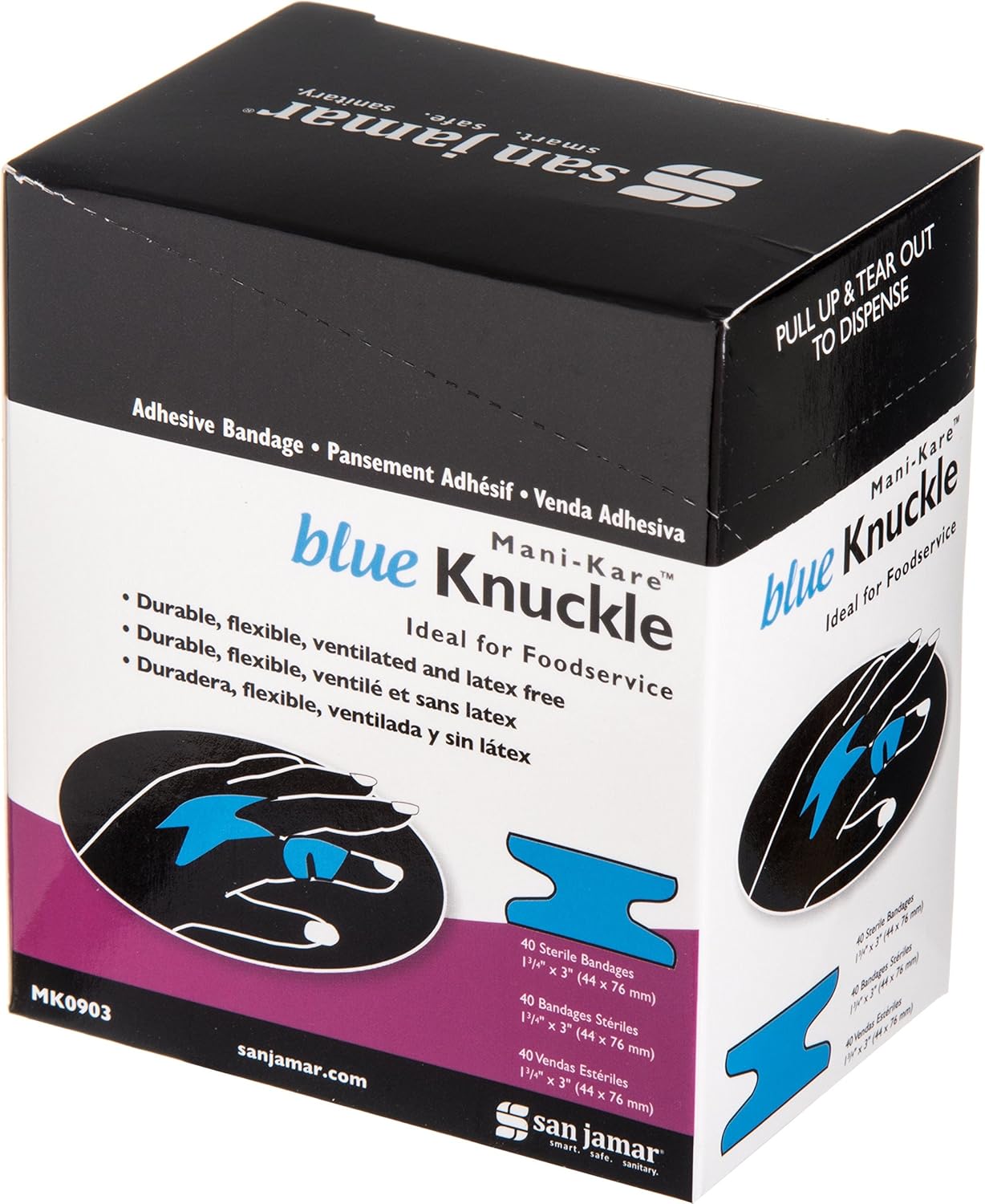 San Jamar MK0903 MANI-KARE Bandages, 1 3/4" x 3", Knuckle, Blue