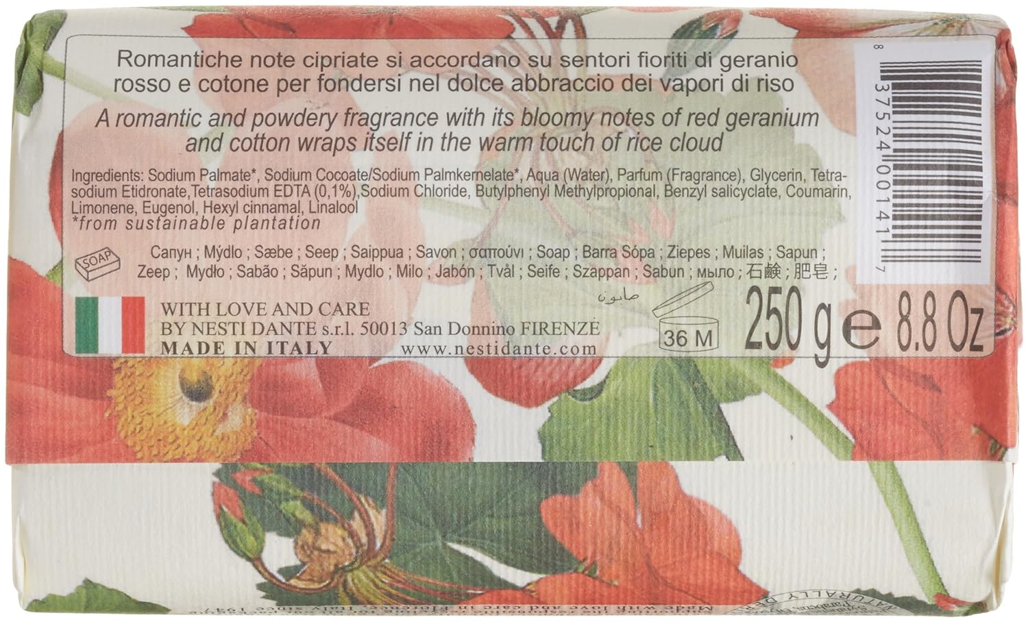 Nesti Dante Dolce Vivere Fine Natural Soap - Venezia - Red Geranium, Rice Cloud & Cotton Flower 250g/8.8oz