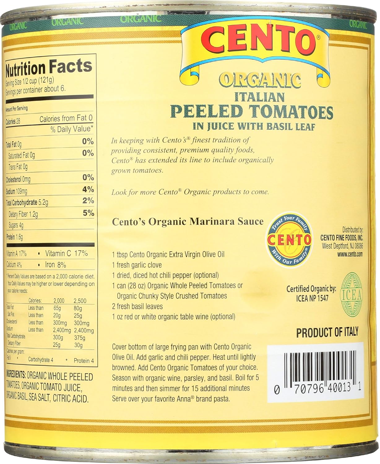 Cento Foods Organic Whole Tomatoes, 28 OZ