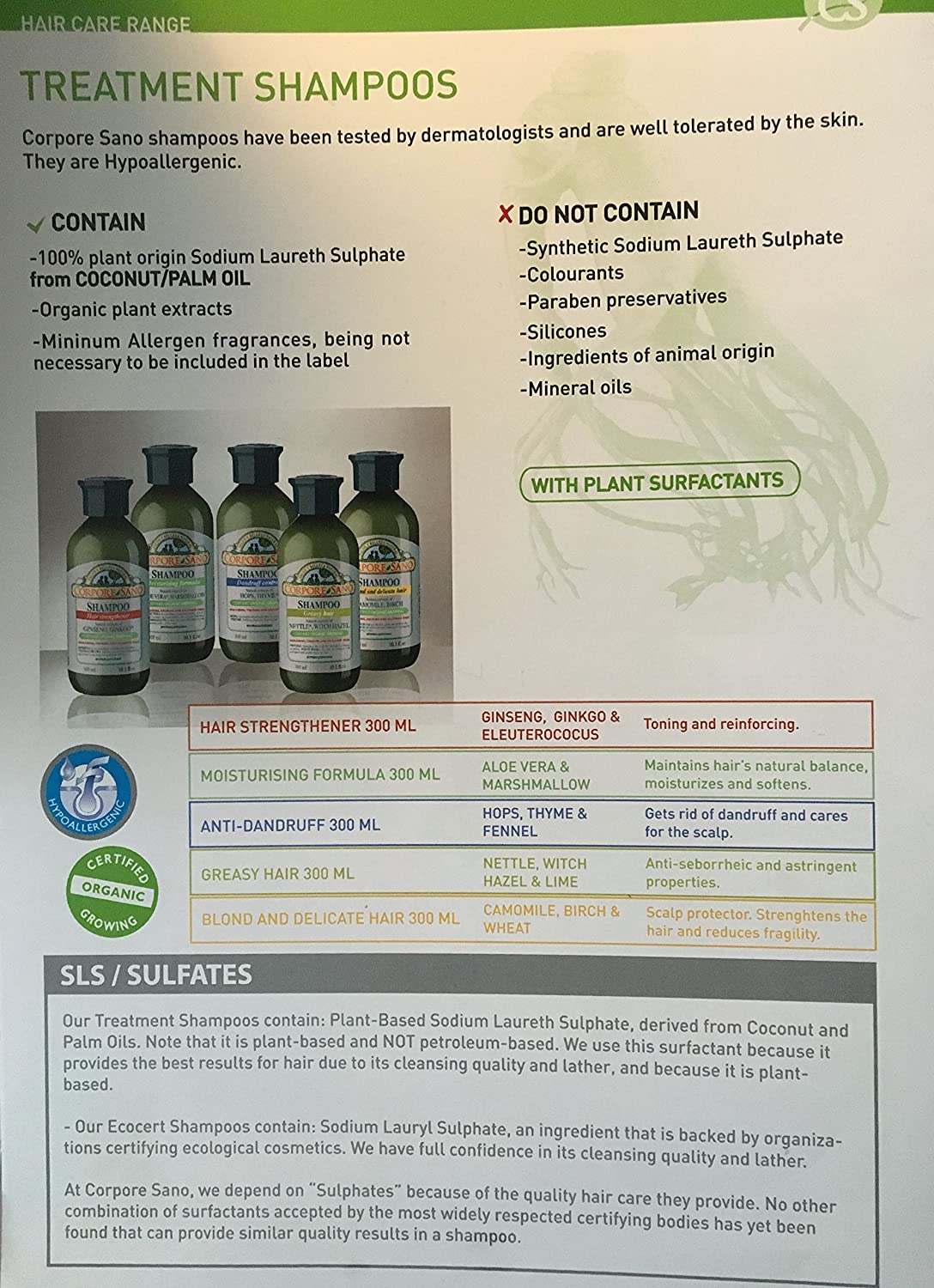 CORPORE SANO HOPS, THYME & FENNEL SHAMPOO-Certified organic growing-HYPOALLERGENIC-PARABENS FREE-ANTI-DANRUFF-300 ML/10.1 FL OZ