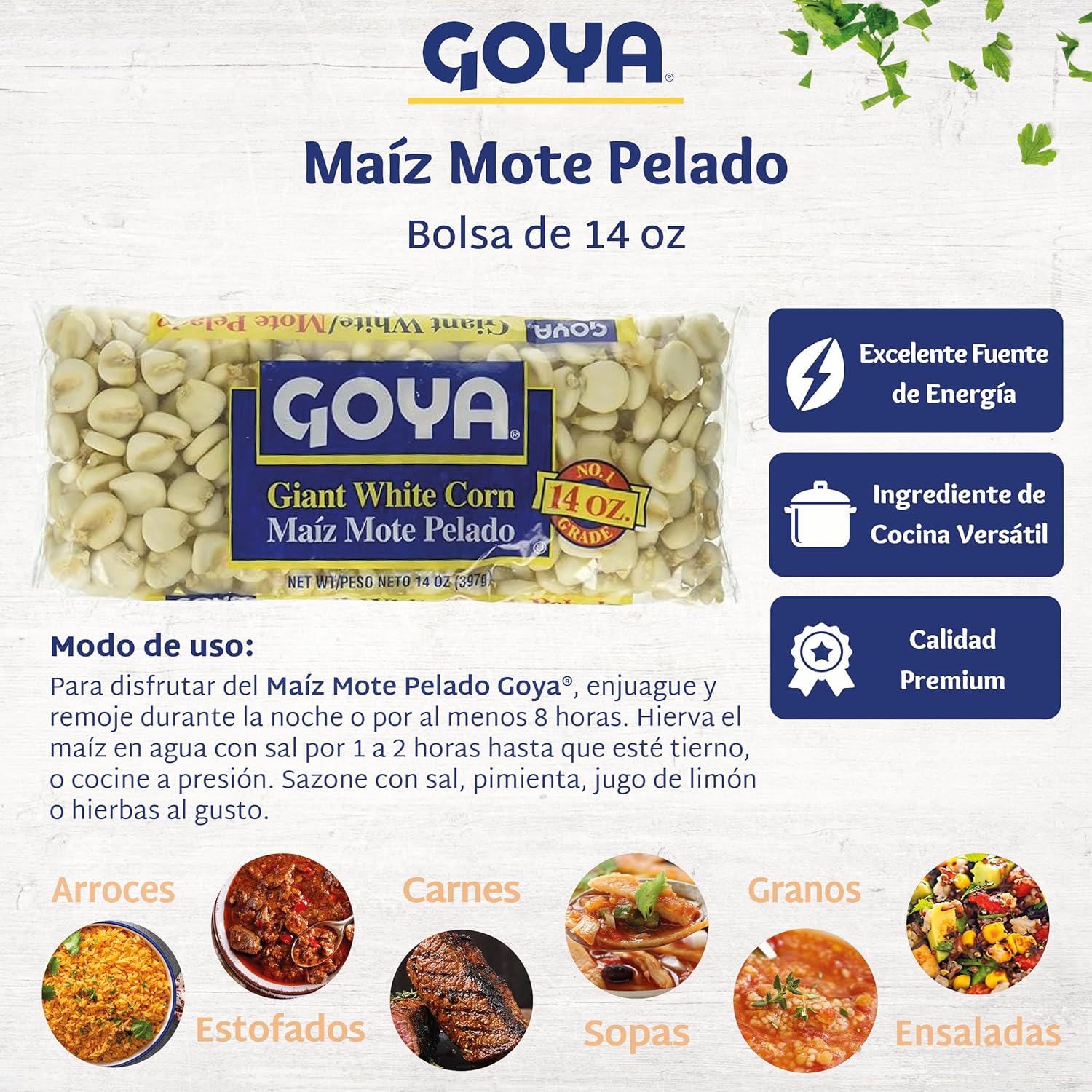 Giant White Corn by Goya, Whole White Hominy, Mexican Corn, Dried White Corn Kernels, Maíz Mote Pelado, 14oz. Bag