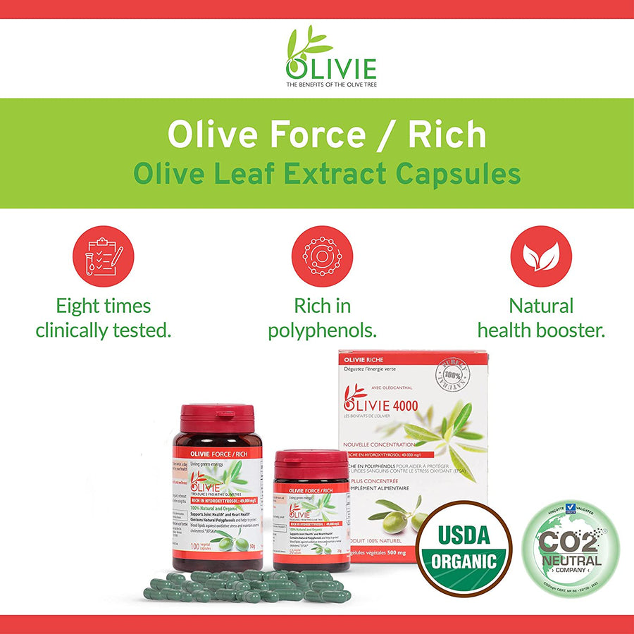 Organic Olive Leaf Extract Capsules Olivie Force/Rich | Antioxidant Polyphenol Supplement for Adults | Health Support Supplement | 100 Vegetal Capsules