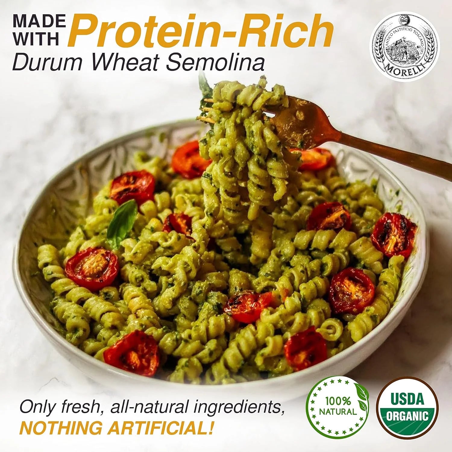 Morelli Spiral Pasta - Organic Premium Durum Wheat Semolina Italian Pasta from Italy - Protein-Rich, Ancient Grains, All Natural, Gourmet Italian - Busiate Pasta (Trofie, Gemelli) 17.6 Oz - Pack of 1