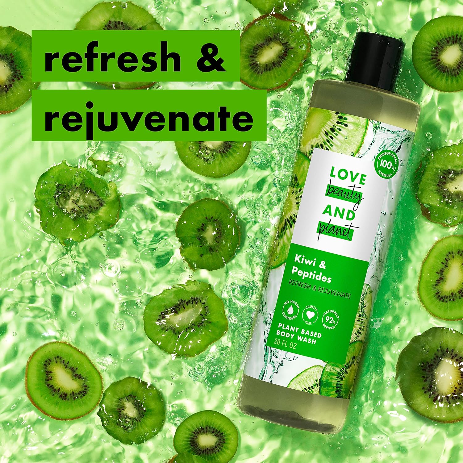 Love Beauty And Planet Plant-Based Body Wash Refresh and Rejuvenate Skin Kiwi and Peptides Made with Plant-Based Cleansers and Skin Care Ingredients, 100% Biodegradable 20 fl oz