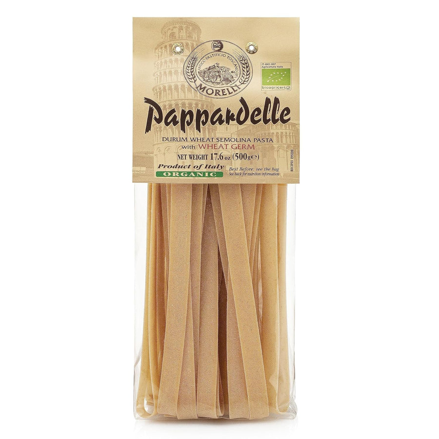 Morelli Organic Pappardelle Pasta Noodles - Imported Pasta from Italy, Wide pappardelle Noodles, Gourmet Italian Durum Wheat Salomina with Wheat Germ - 17.6oz (500g) - Pack of 1