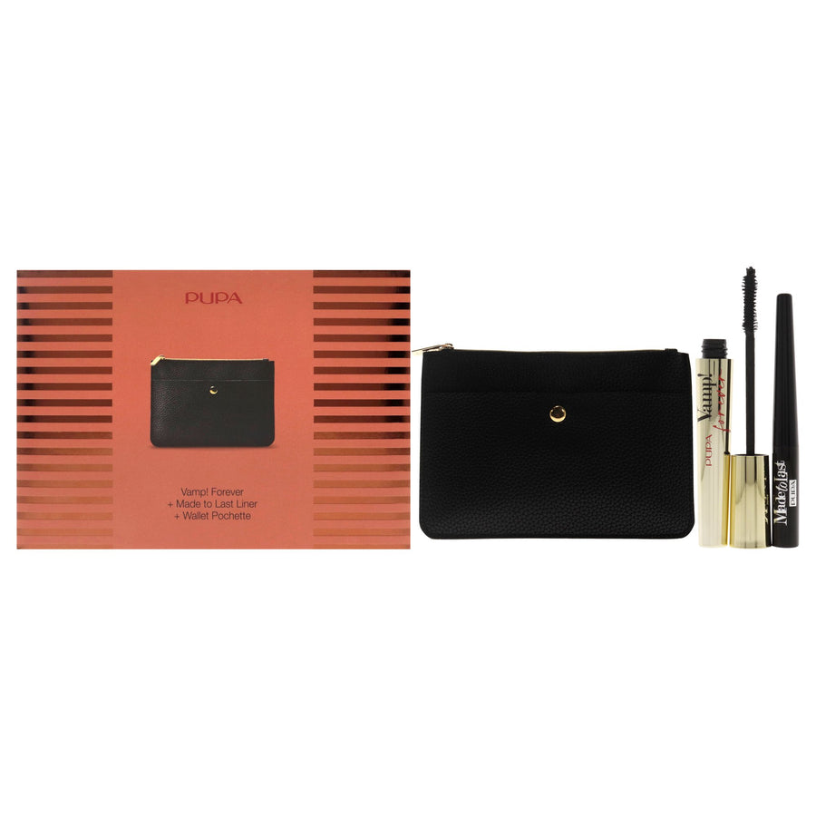 Pupa Milano Vamp! Forever and Made To Last Liner Kit , 3 Pc 0.30oz Mascara - 111 Forever Black, 0.108oz Eyeliner - 001 Extra Black, Wallet