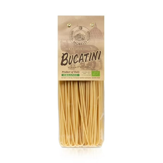 Morelli Bucatini Pasta Noodles - Premium Organic Italian Pasta from Italy - Handcrafted, Family Owned Gourmet Brand - Made With Durum Wheat Semolina 17.6 oz (500 g) - Pack of 1