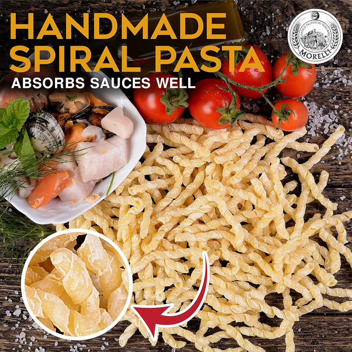 Morelli Spiral Pasta - Organic Premium Durum Wheat Semolina Italian Pasta from Italy - Protein-Rich, Ancient Grains, All Natural, Gourmet Italian - Busiate Pasta (Trofie, Gemelli) 17.6 Oz - Pack of 1