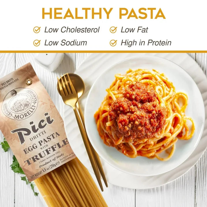 Morelli Pici Pasta Noodles - Premium Egg Pasta With Truffle From Italy, Imported Italian Gourmet Food, Handmade With Durum Wheat Semolina - 8.8 oz (250 gr) - Pack of 1