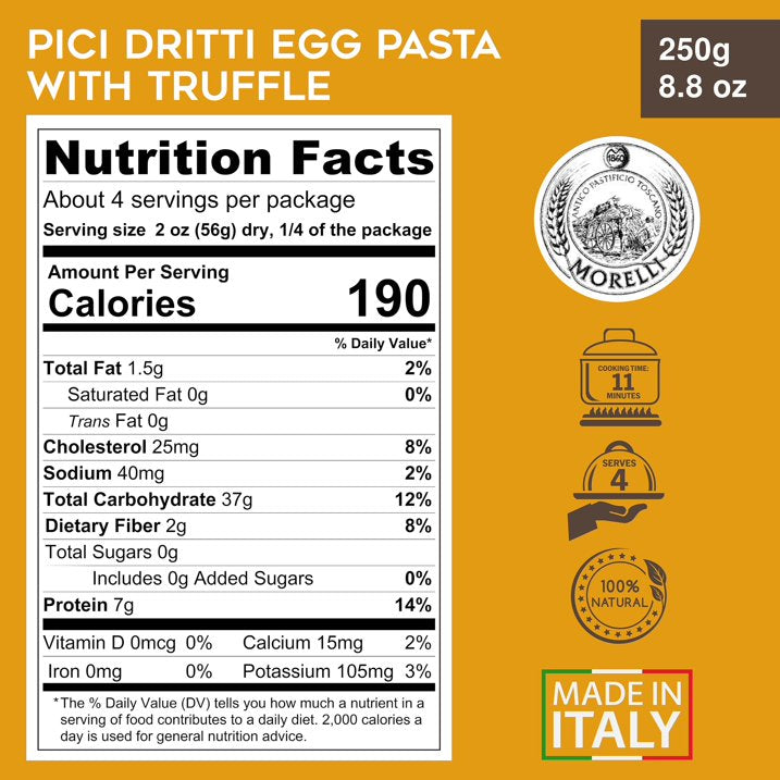 Morelli Pici Pasta Noodles - Premium Egg Pasta With Truffle From Italy, Imported Italian Gourmet Food, Handmade With Durum Wheat Semolina - 8.8 oz (250 gr) - Pack of 1