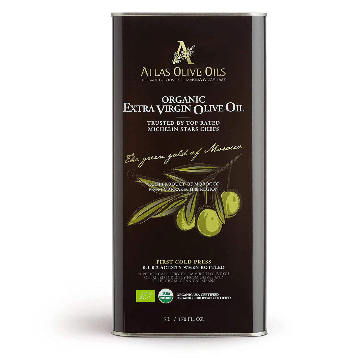 Atlas 5 LT Bulk Organic Cold Pressed Moroccan Extra Virgin Olive Oil, Polyphenol Rich | EVOO From Morocco, Newly Harvested Unprocessed from One Single Family Farm | Trusted by Michelin Star Chefs