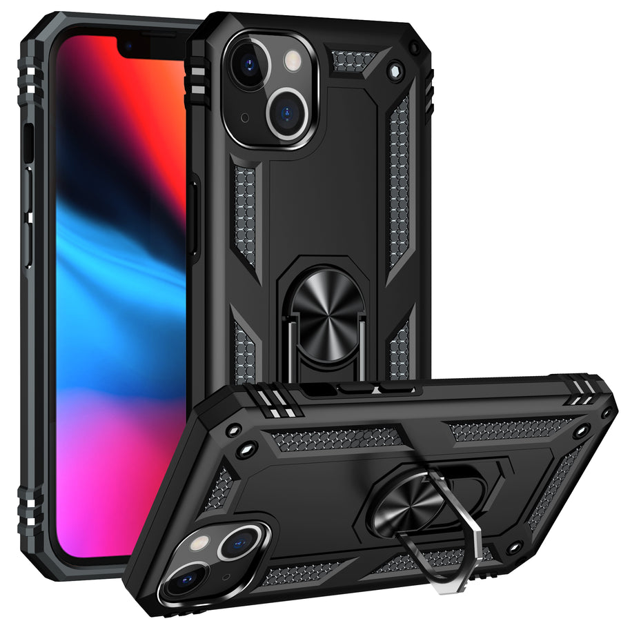 iPhone 13  Case with Kickstand, Heavy Duty Military Grade Protection Phone Case, Built-in 360° Rotate Ring Stand, Shockproof Full Body Rugged Case（BLACK）