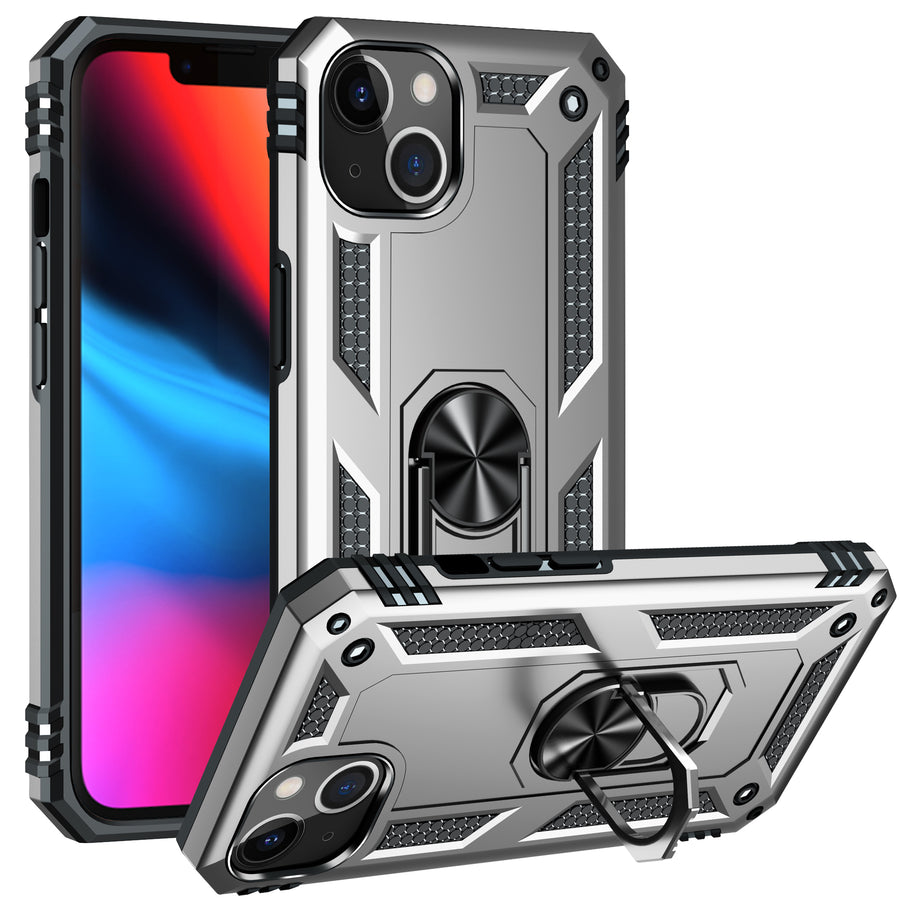 iPhone 13  Case with Kickstand, Heavy Duty Military Grade Protection Phone Case, Built-in 360° Rotate Ring Stand, Shockproof Full Body Rugged Case（Silver）