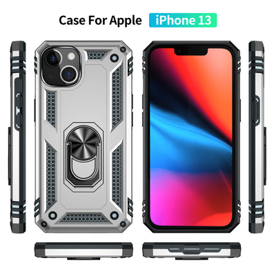 iPhone 13  Case with Kickstand, Heavy Duty Military Grade Protection Phone Case, Built-in 360° Rotate Ring Stand, Shockproof Full Body Rugged Case（Silver）