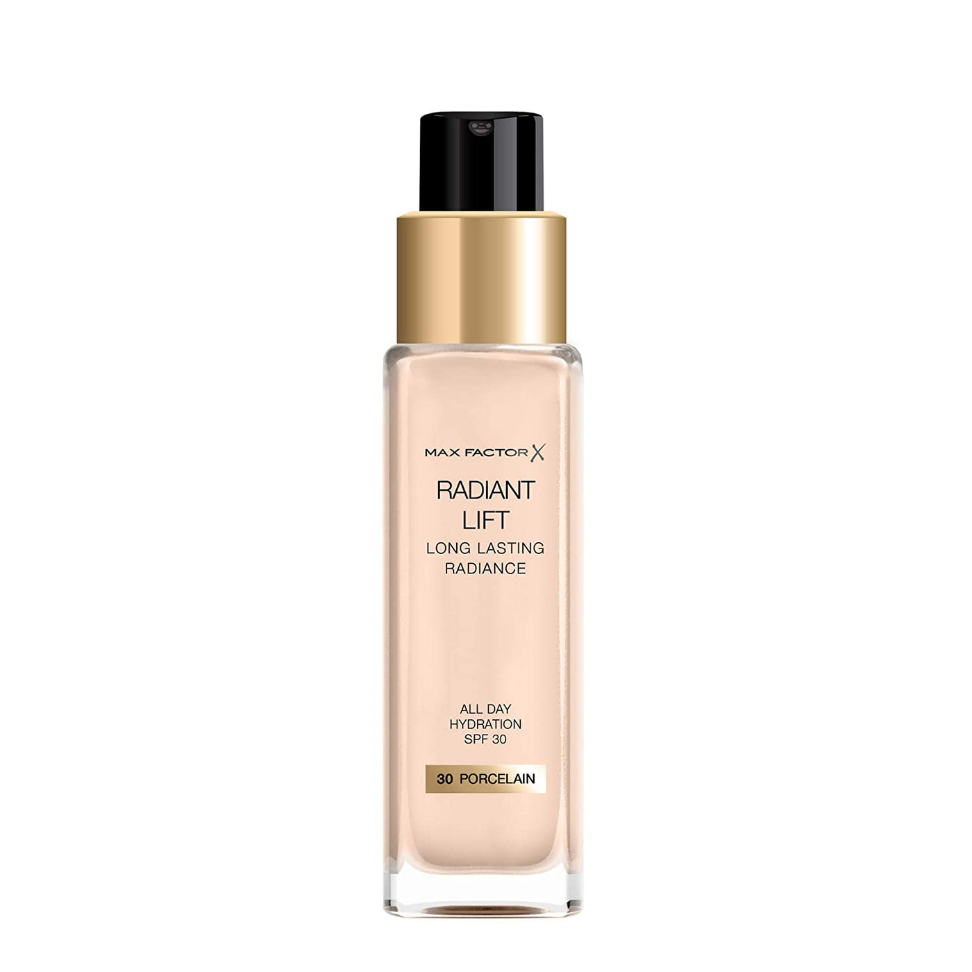 Max Factor Radiant Lift Liquid Pump Medium to Full Coverage Radiant Finish Foundation with SPF30 and Hyaluronic Acid, 030 Porcelain, Light Skin Tone, 30ml