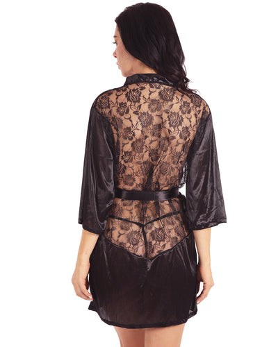 Jessica Satin Robe with Lace - Black