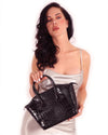 PARK WEST FAUX CROCODILE WOMEN'S LEATHER HANDBAG - BLACK