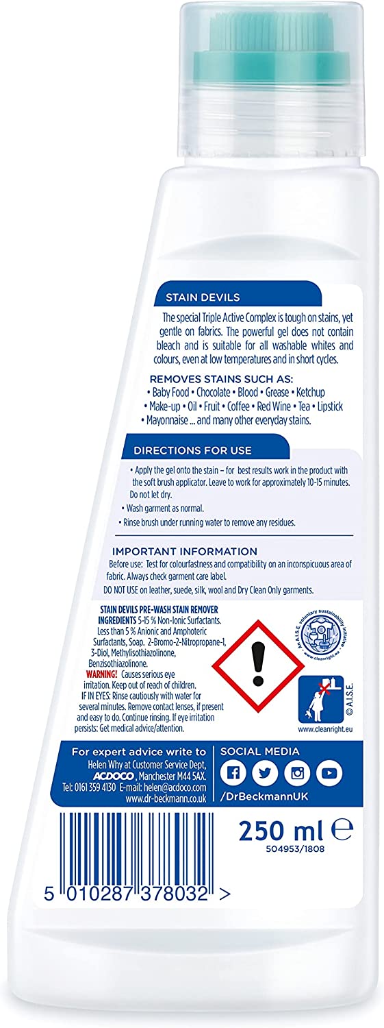 Dr. Beckmann Devil Pre Wash Stain Remover | Removes toughest stains quickly | Bleach free product | Includes applicator brush | 250 ml (Pack of 1)