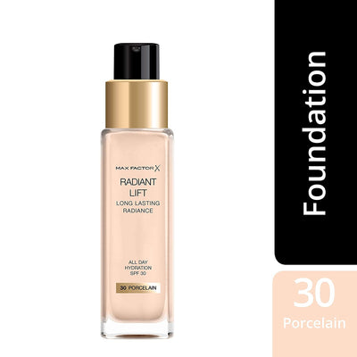 Max Factor Radiant Lift Liquid Pump Medium to Full Coverage Radiant Finish Foundation with SPF30 and Hyaluronic Acid, 030 Porcelain, Light Skin Tone, 30ml