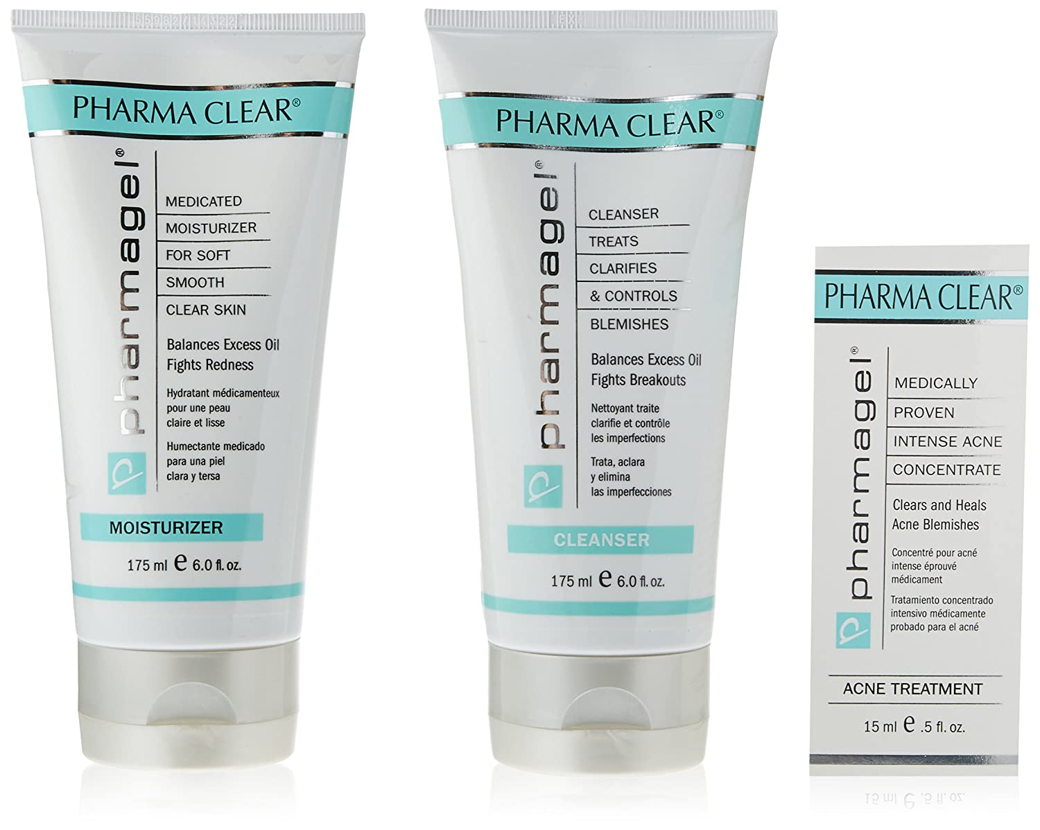 Pharmagel Clear Acne Treatment System | Skin Care Set | Hydrating Facial Moisturizer, Facial Cleanser, and Spot Treatment | Lotion for Inflammation and Redness