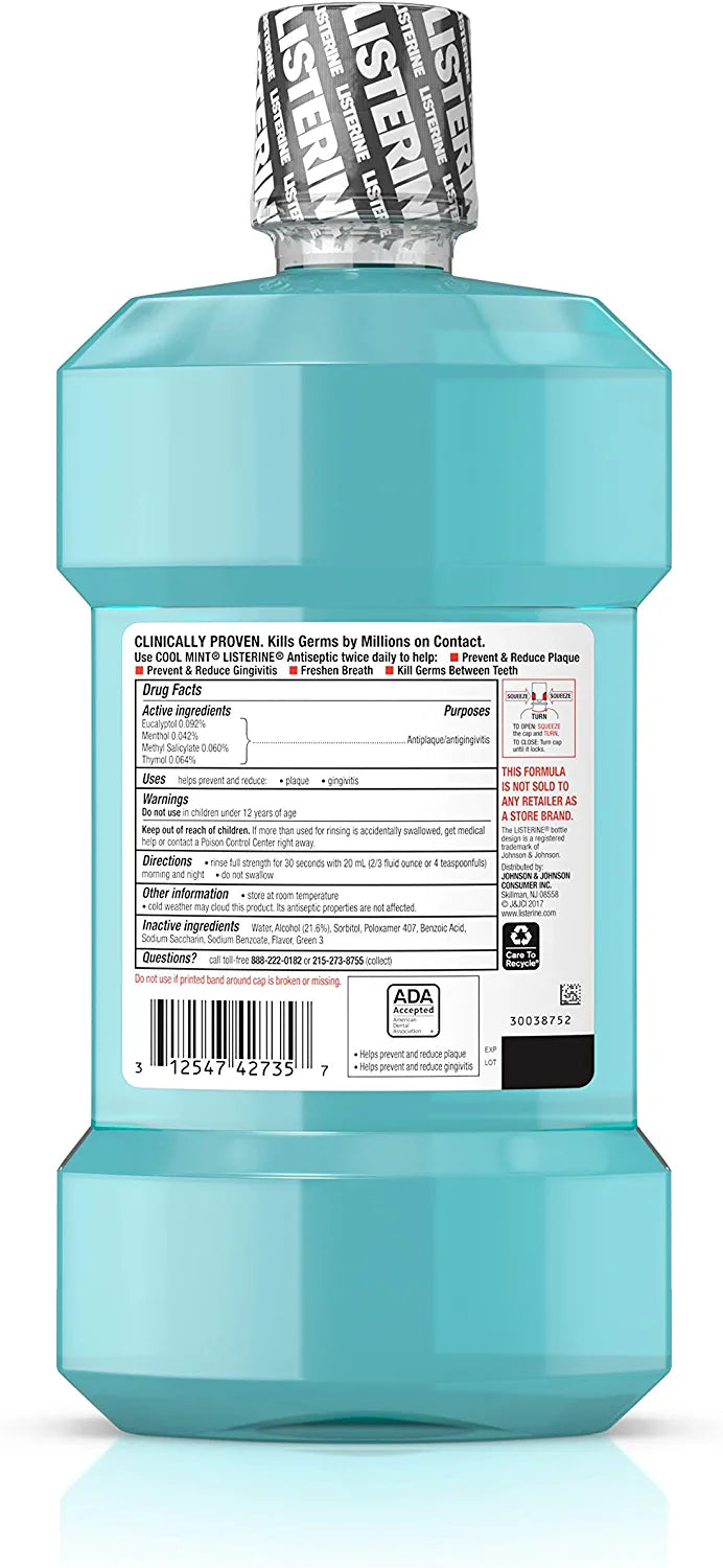 Listerine Cool Mint Antiseptic Mouthwash for Bad Breath, Plaque and Gingivitis, 1 l (Pack of 3)
