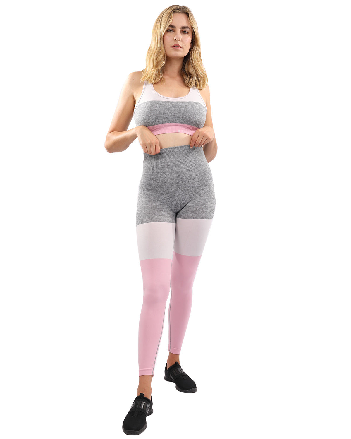 Graca Seamless Leggings & Sports Bra Set - Grey with Pink & White